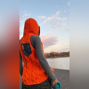 Handmade Orange Cable-Knit Hooded Vest with Denim Pocket
